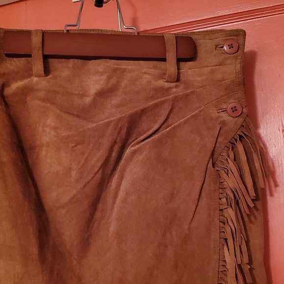 Vintage 80s Cache Suede Fringe Wrap Skirt - Picture 2 of 4